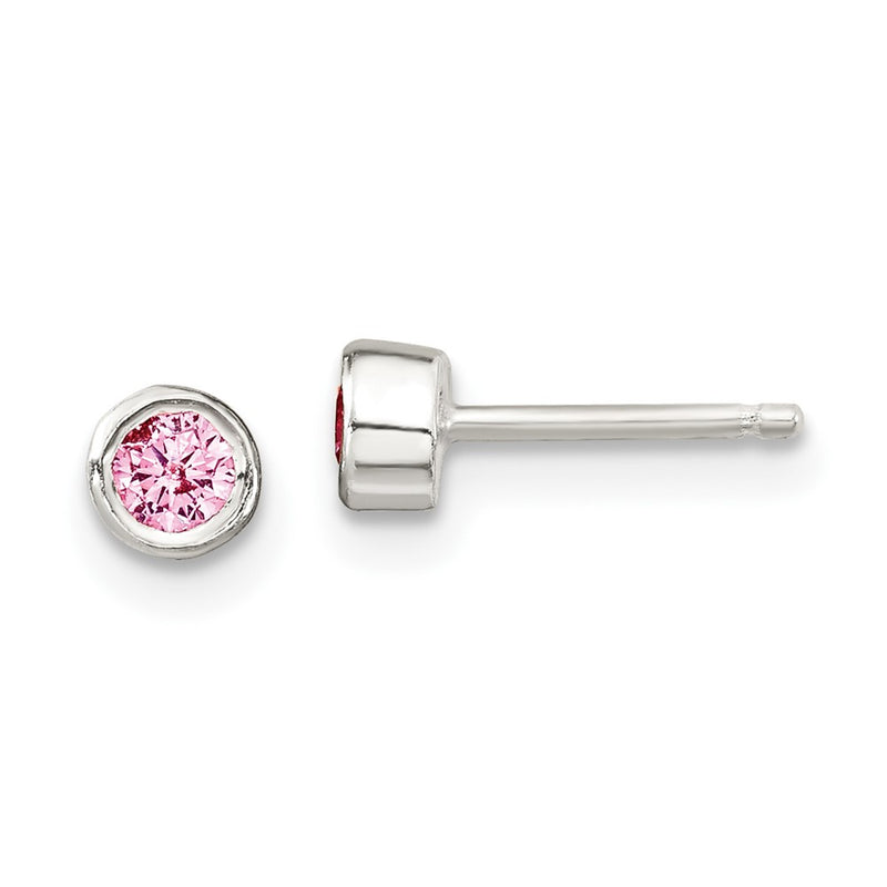Sterling Silver Polished Pink Bezel Set Cz Children'S 14In Necklace And Stud Earrings