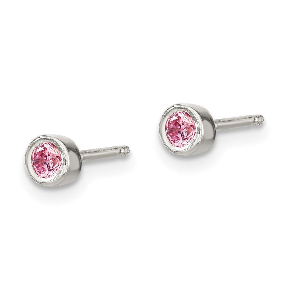 Sterling Silver Polished Pink Bezel Set Cz Children'S 14In Necklace And Stud Earrings