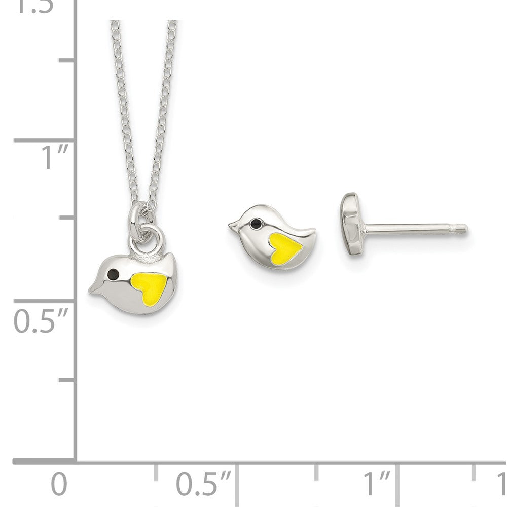 Sterling Silver Polished Yellow & Black Enameled Bird 14In Necklace And Post Earrings Set