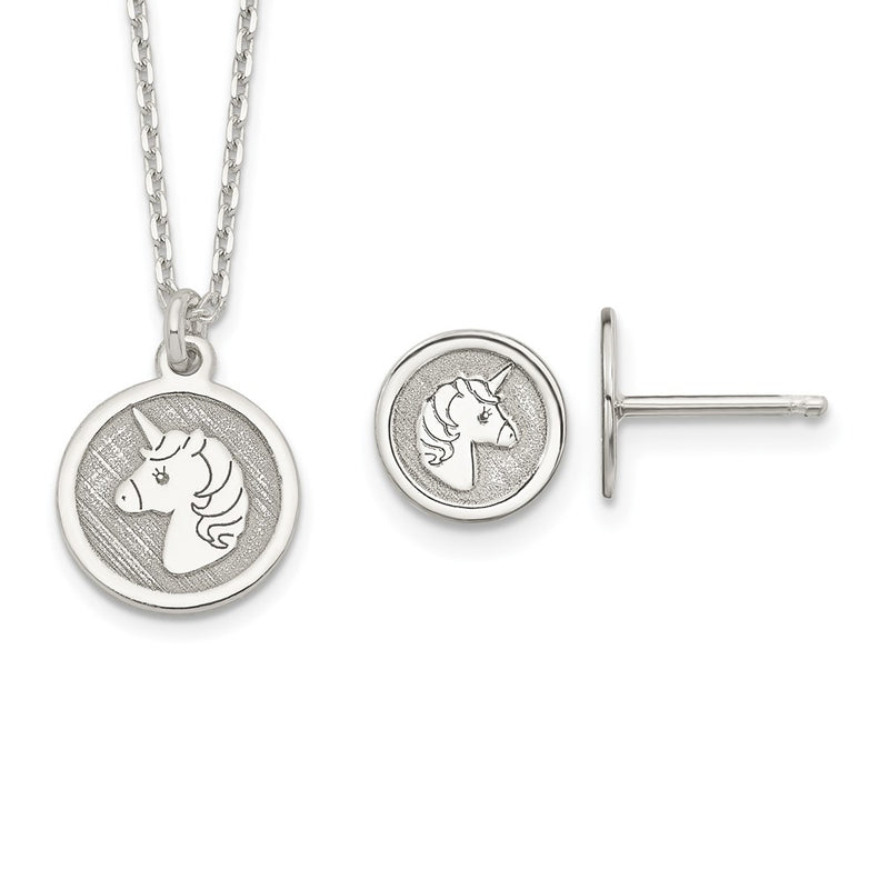 Sterling Silver Polished & Textured Unicorn Children'S 14In Necklace And Post Earrings Set