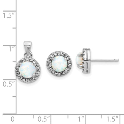 Sterling Silver Rhodium Plated CZ and Created Opal Halo Pendant and Earring Set