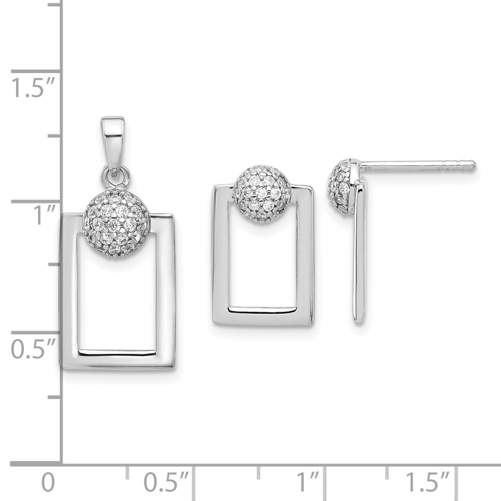Sterling Silver Rhodium Plated Micro Pave CZ Rectangle Earrings and Pendant Set