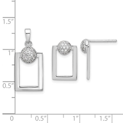 Sterling Silver Rhodium Plated Micro Pave CZ Rectangle Earrings and Pendant Set