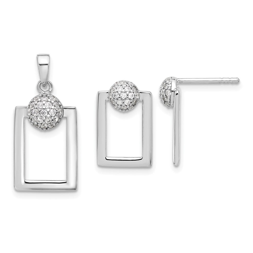 Sterling Silver Rhodium Plated Micro Pave CZ Rectangle Earrings and Pendant Set