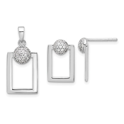 Sterling Silver Rhodium Plated Micro Pave CZ Rectangle Earrings and Pendant Set