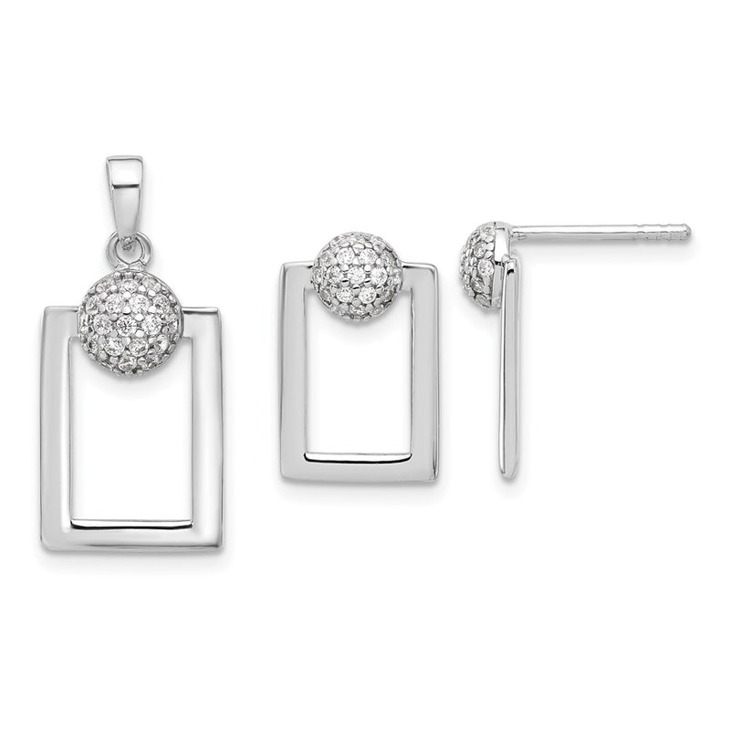 Sterling Silver Rhodium Plated Micro Pave CZ Rectangle Earrings and Pendant Set