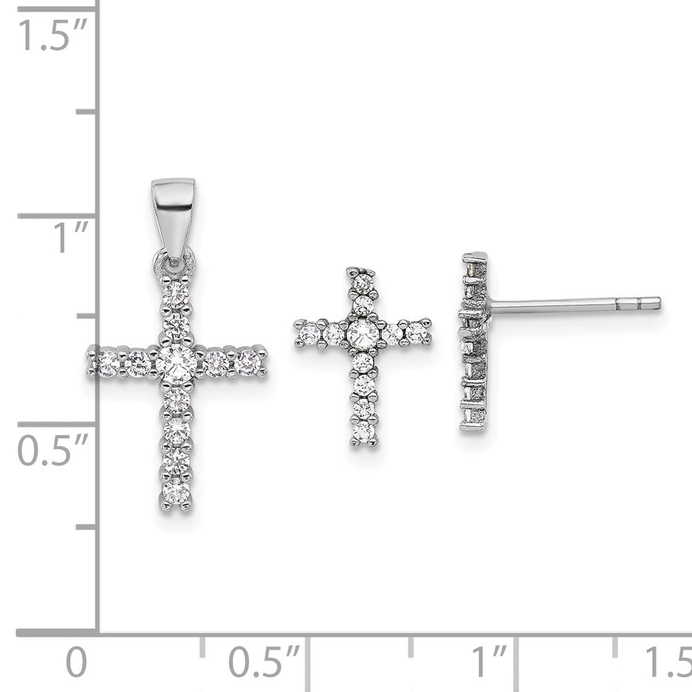 Sterling Silver Rhodium-Plated CZ Cross Post Earrings and Pendant Set