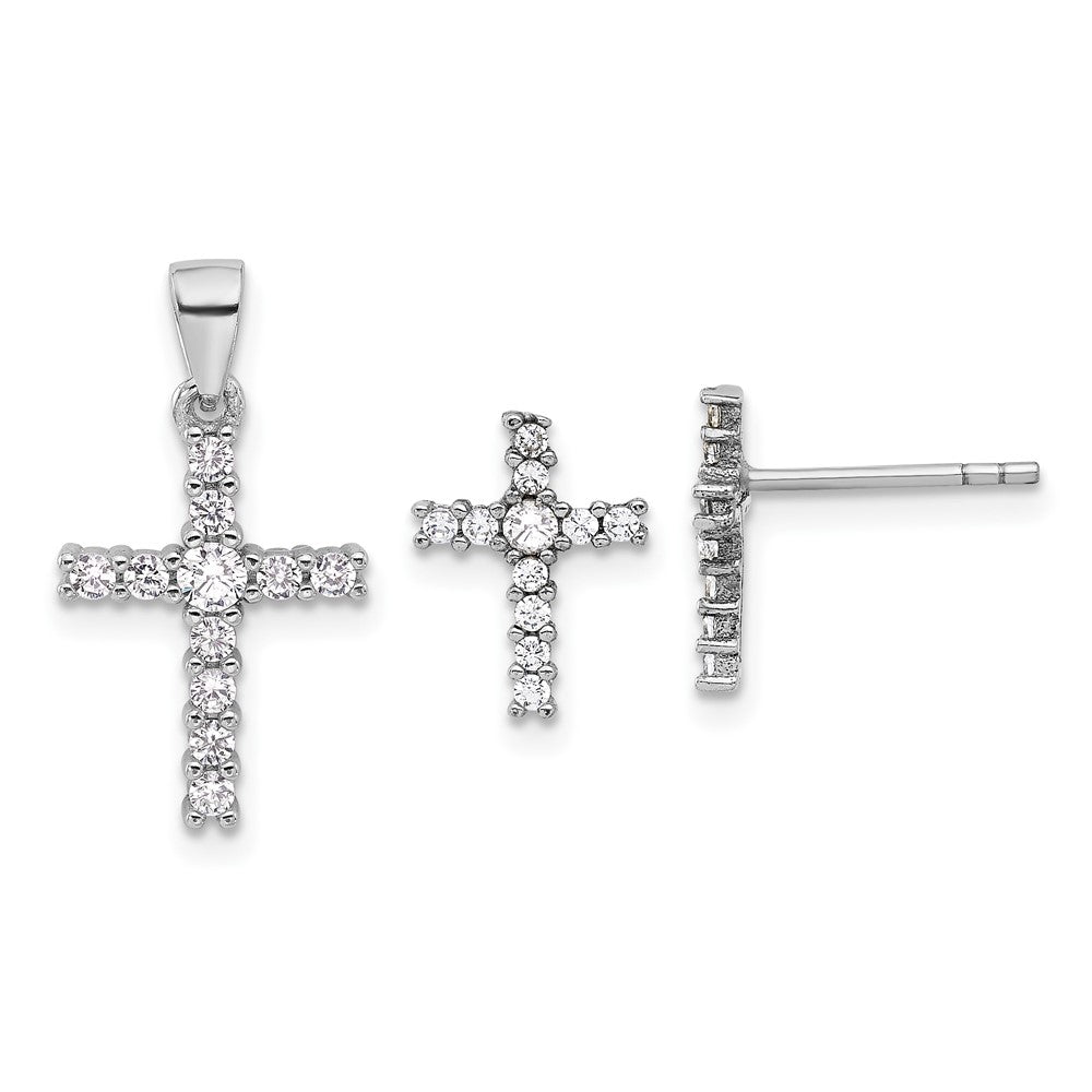 Sterling Silver Rhodium-Plated CZ Cross Post Earrings and Pendant Set