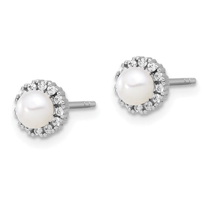 Sterling Silver Rhodium Plated 4-4.5mm Fwc Pearl and CZ Earrings and Pendant Set
