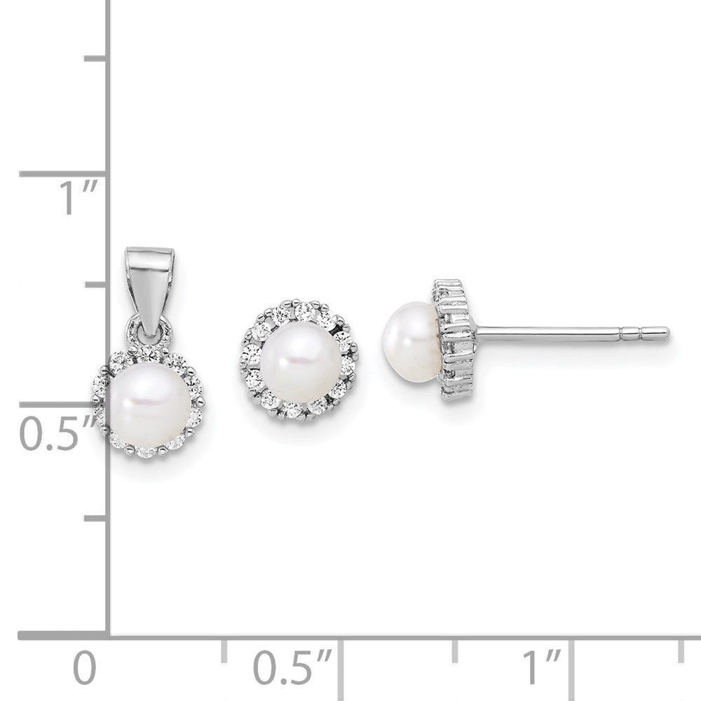 Sterling Silver Rhodium Plated 4-4.5mm Fwc Pearl and CZ Earrings and Pendant Set