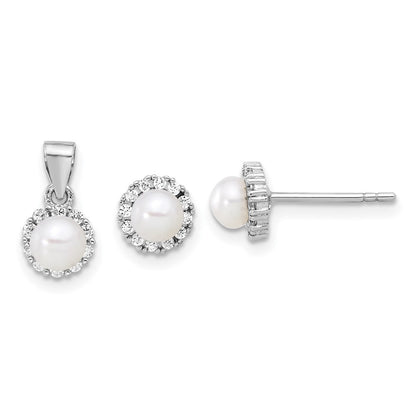 Sterling Silver Rhodium Plated 4-4.5mm Fwc Pearl and CZ Earrings and Pendant Set
