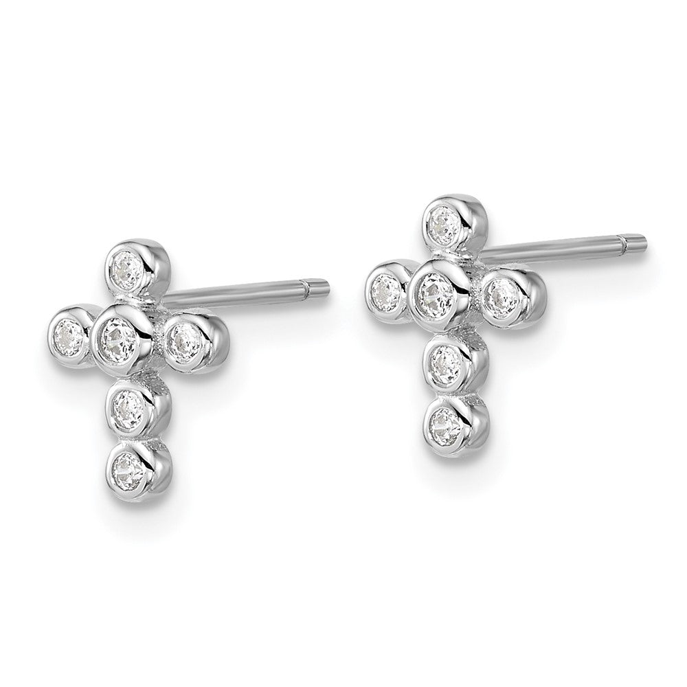 Sterling Silver Rhodium Plated Polished Bezel CZ Cross Post Earrings and Pendant Set