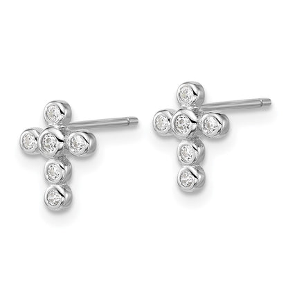 Sterling Silver Rhodium Plated Polished Bezel CZ Cross Post Earrings and Pendant Set