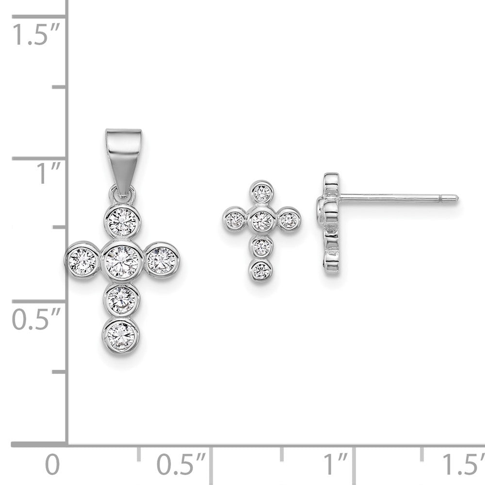 Sterling Silver Rhodium Plated Polished Bezel CZ Cross Post Earrings and Pendant Set
