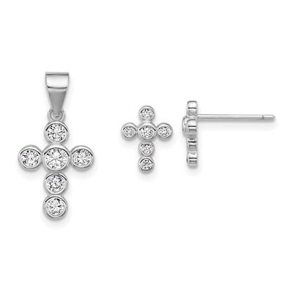 Sterling Silver Rhodium Plated Polished Bezel CZ Cross Post Earrings and Pendant Set