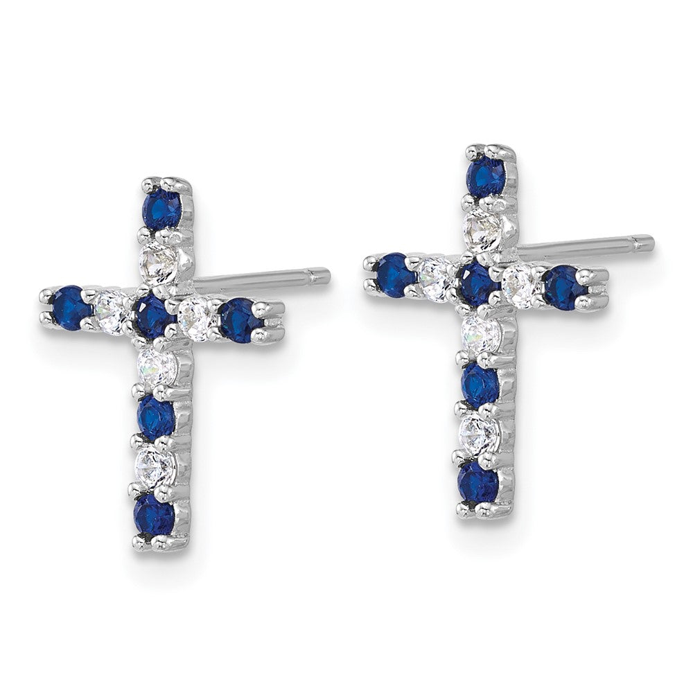Sterling Silver Rhodium Plated Blue and White CZ Cross Post Earrings and Chain Slide Set
