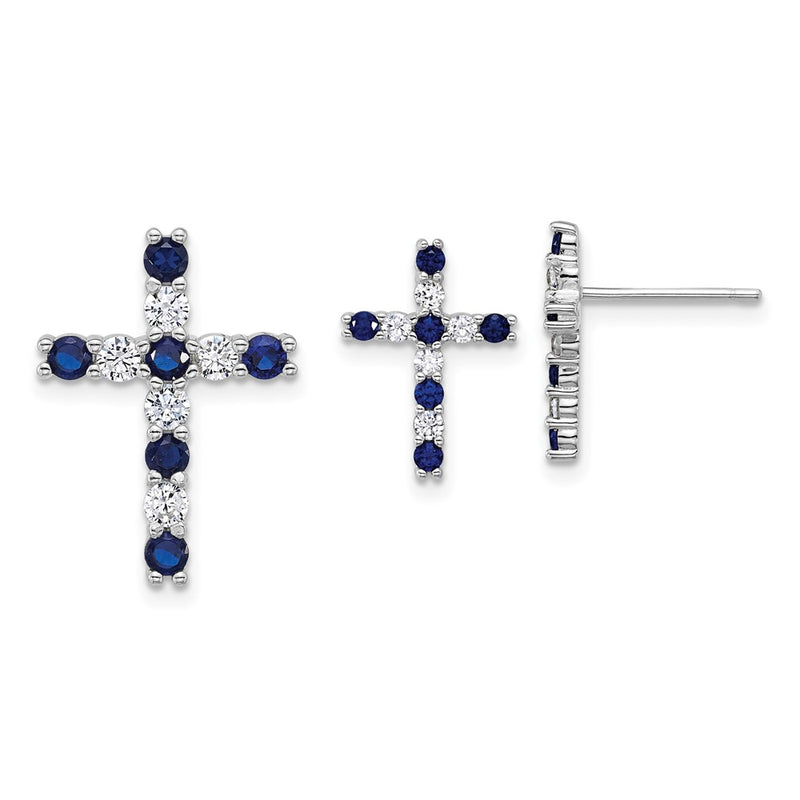 Sterling Silver Rhodium Plated Blue and White CZ Cross Post Earrings and Chain Slide Set