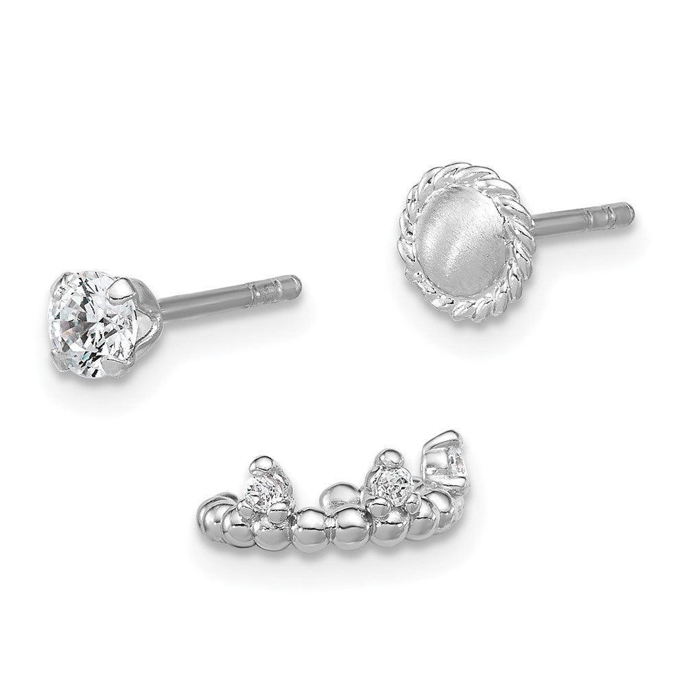 Sterling Silver Rh-Pltd Textured CZ Stud/circle/ear Cuff Set of 3 Single Earring Set