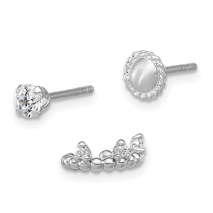 Sterling Silver Rh-Pltd Textured CZ Stud/circle/ear Cuff Set of 3 Single Earring Set