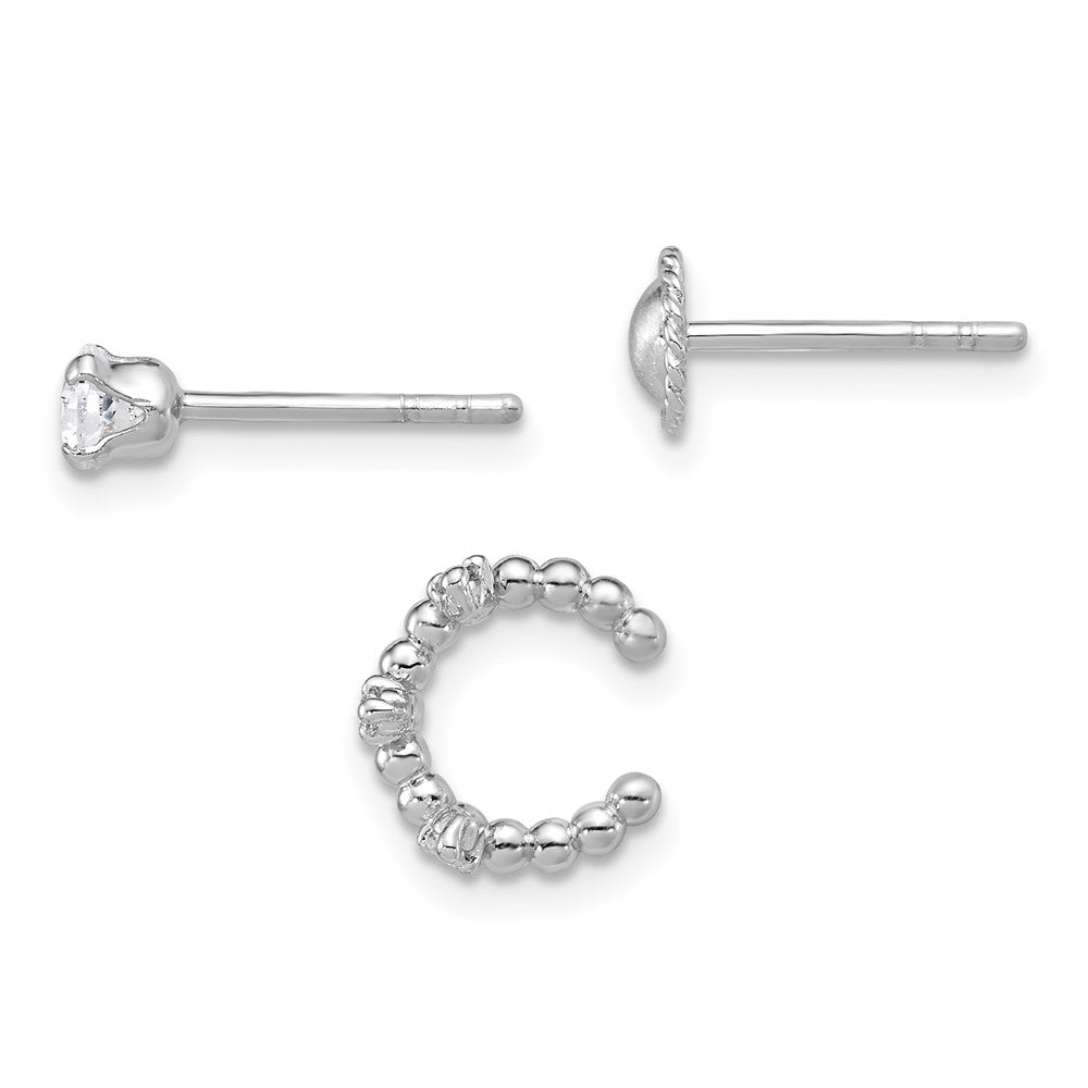 Sterling Silver Rh-Pltd Textured CZ Stud/circle/ear Cuff Set of 3 Single Earring Set