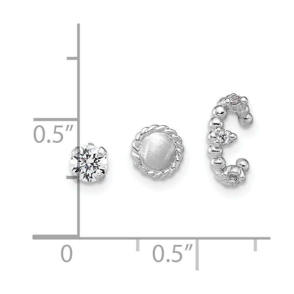 Sterling Silver Rh-Pltd Textured CZ Stud/circle/ear Cuff Set of 3 Single Earring Set