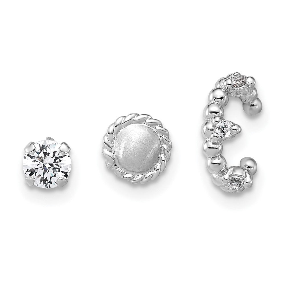 Sterling Silver Rh-Pltd Textured CZ Stud/circle/ear Cuff Set of 3 Single Earring Set