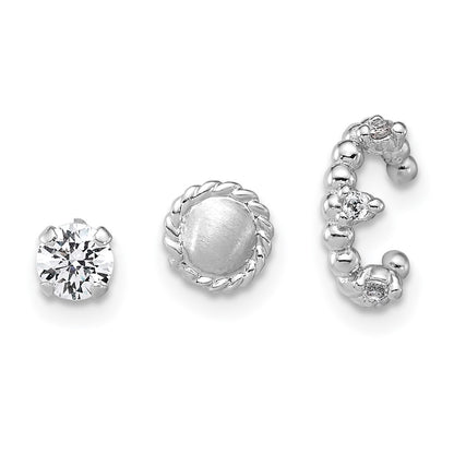 Sterling Silver Rh-Pltd Textured CZ Stud/circle/ear Cuff Set of 3 Single Earring Set