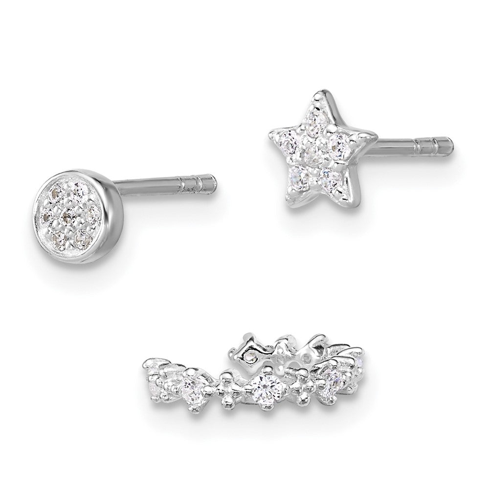 Sterling Silver Rh-Pltd Polished CZ Star Circle and Ear Cuff Set of 3 Single Earring Set