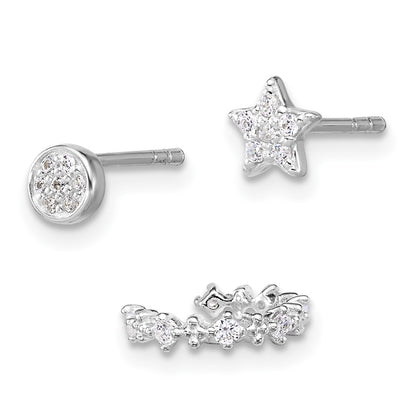 Sterling Silver Rh-Pltd Polished CZ Star Circle and Ear Cuff Set of 3 Single Earring Set
