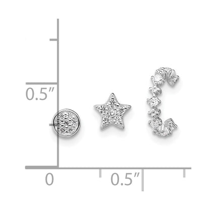 Sterling Silver Rh-Pltd Polished CZ Star Circle and Ear Cuff Set of 3 Single Earring Set