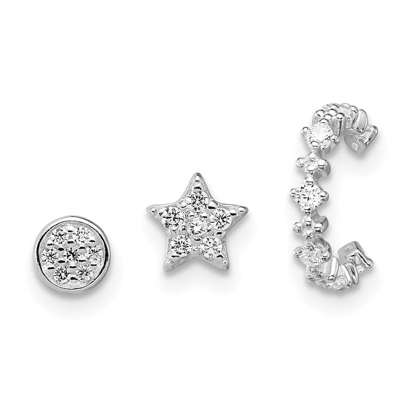 Sterling Silver Rh-Pltd Polished CZ Star Circle and Ear Cuff Set of 3 Single Earring Set