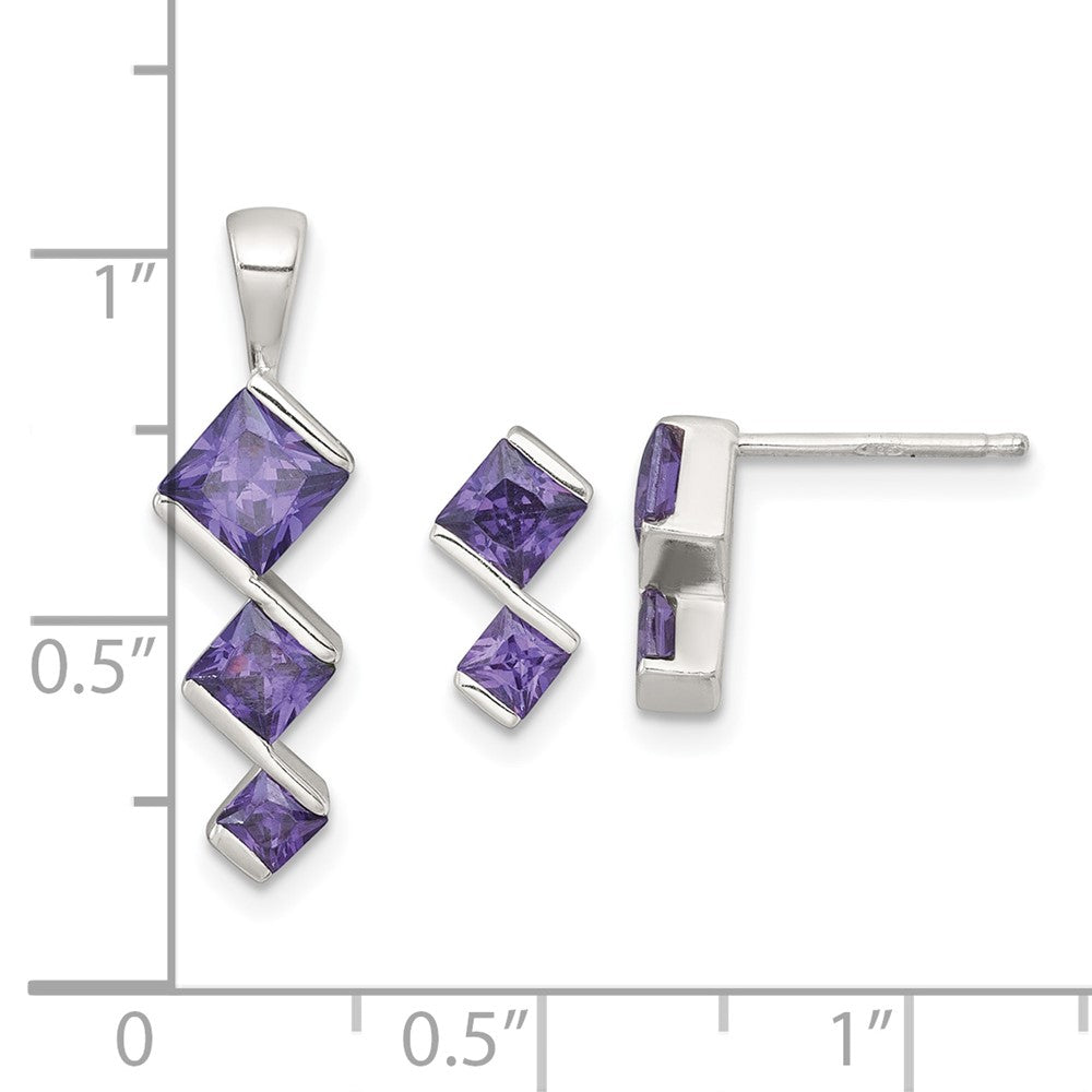 Sterling Silver Purple CZ Pendant and Post Earring Set