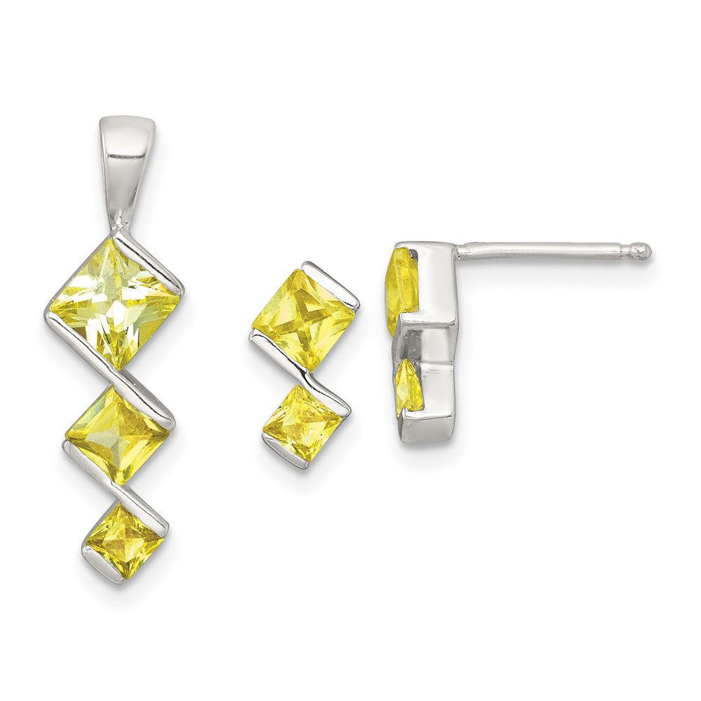 Sterling Silver Yellow CZ Pendant and Post Earring Set