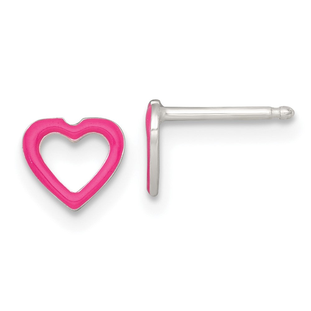 Sterling Silver Polished Pink Enameled Heart Children's Post Earring and Necklace Set
