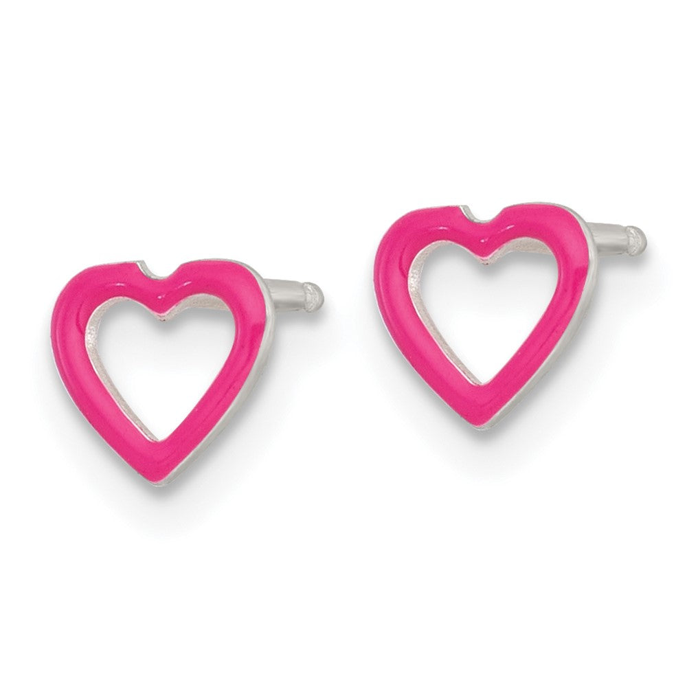 Sterling Silver Polished Pink Enameled Heart Children's Post Earring and Necklace Set