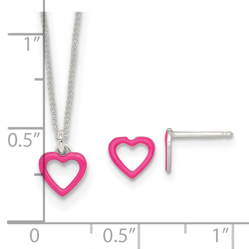 Sterling Silver Polished Pink Enameled Heart Children's Post Earring and Necklace Set