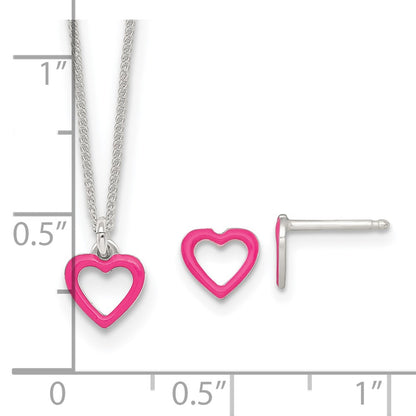 Sterling Silver Polished Pink Enameled Heart Children's Post Earring and Necklace Set