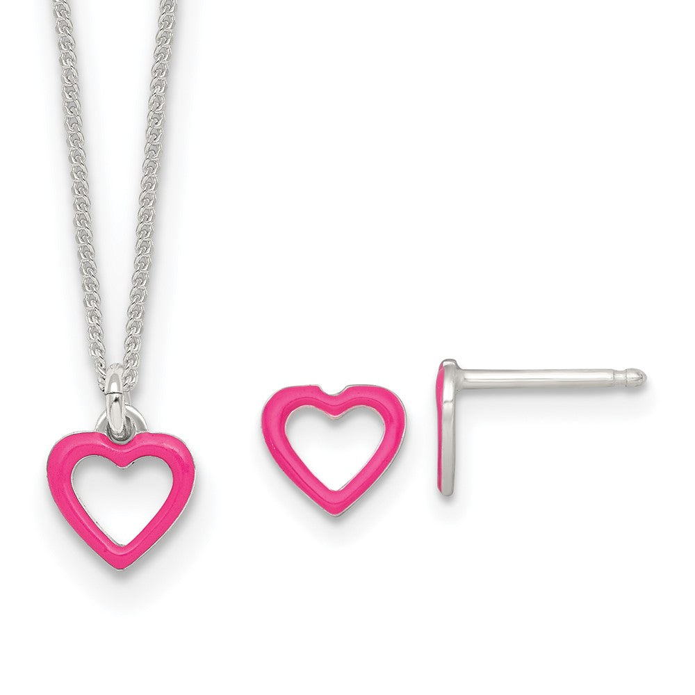 Sterling Silver Polished Pink Enameled Heart Children's Post Earring and Necklace Set