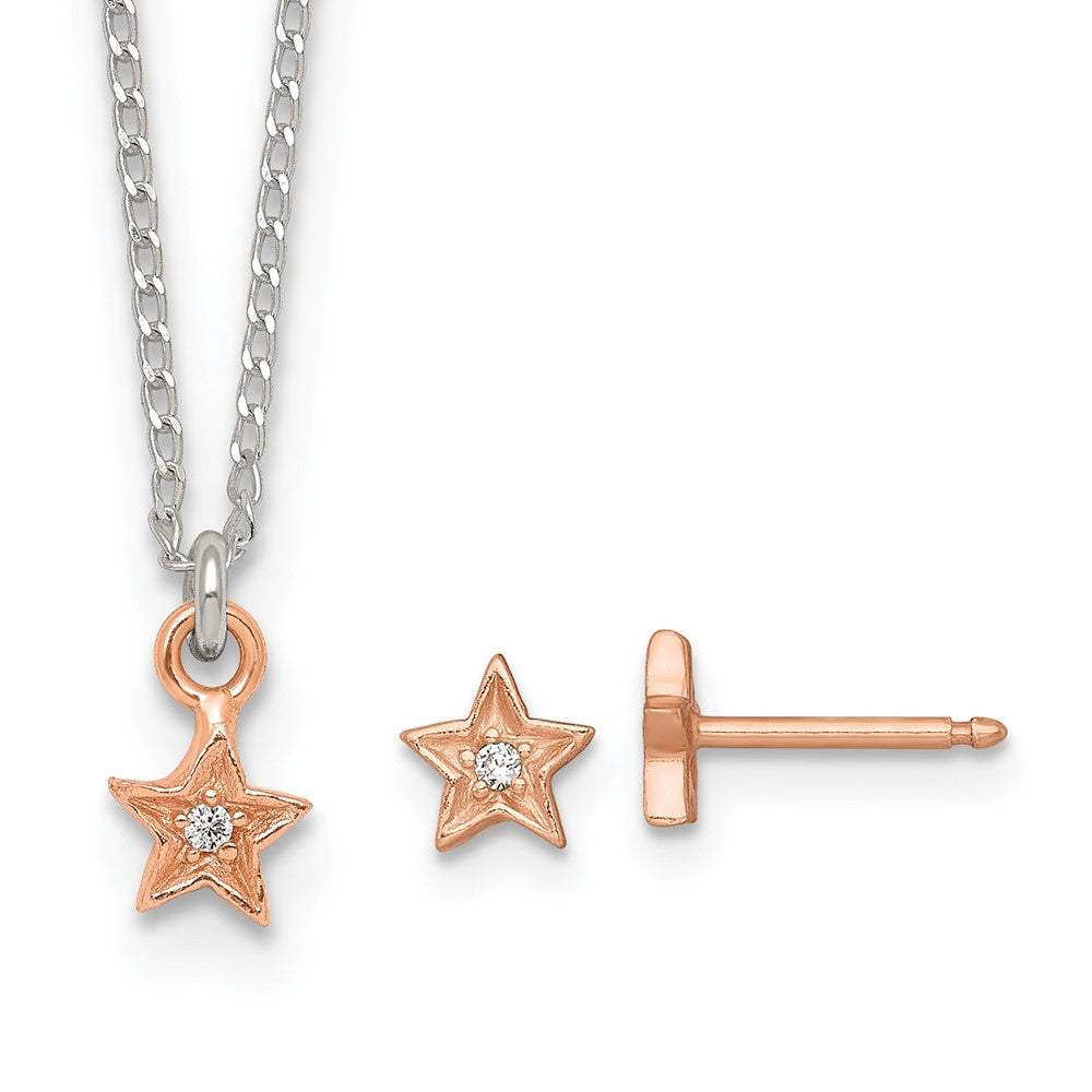 Sterling Silver Rose-Tone CZ Star Children's Post Earring and Necklace Set