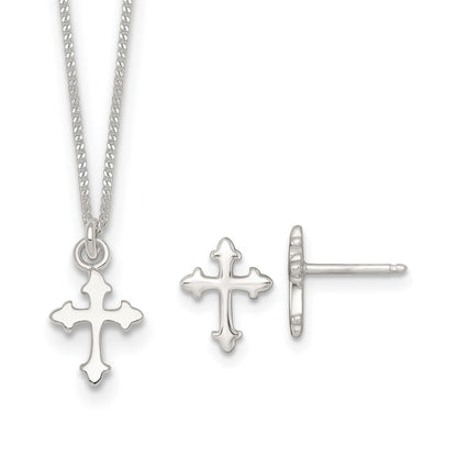 Sterling Silver Polished Cross Children's Earring/necklace Set