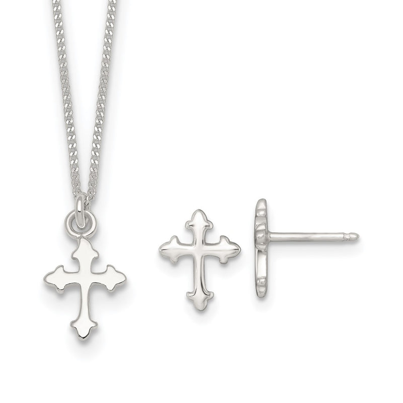 Sterling Silver Polished Cross Children's Earring/necklace Set