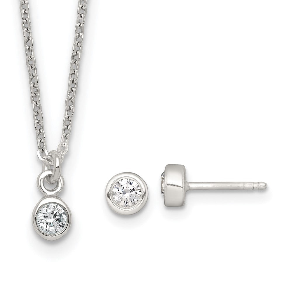 Sterling Silver CZ Kids Post Earring and Necklace Set