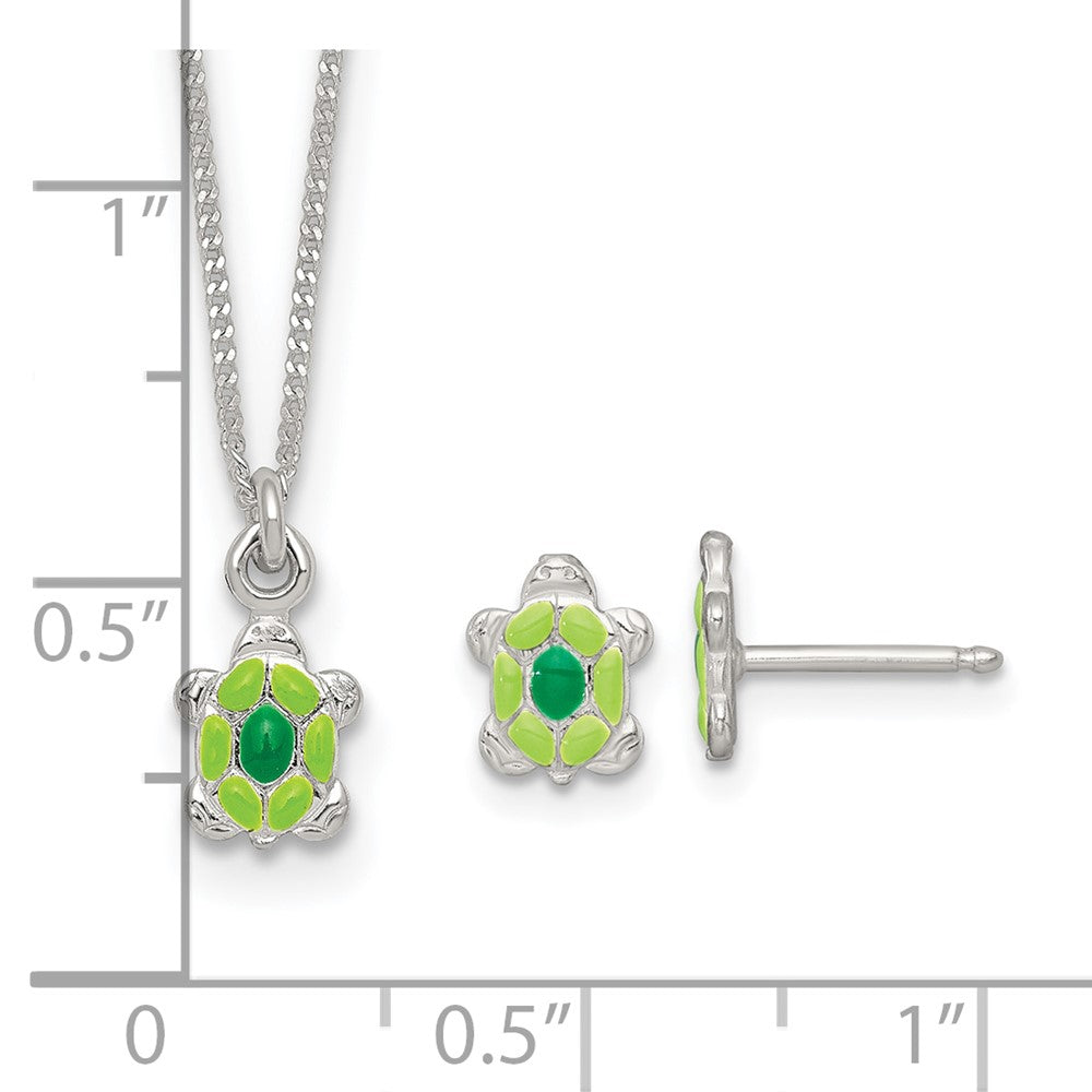 Sterling Silver Polished Enameled Turtle Children's Post Earrings and Necklace Set