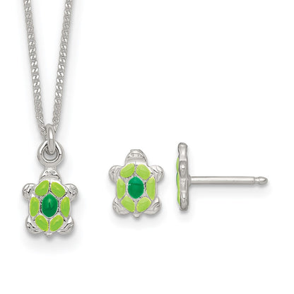 Sterling Silver Polished Enameled Turtle Children's Post Earrings and Necklace Set