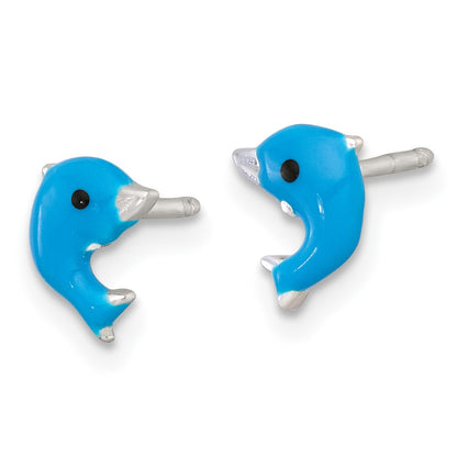 Sterling Silver Polished Enameled Dolphin Children's Post Earrings and Necklace Set