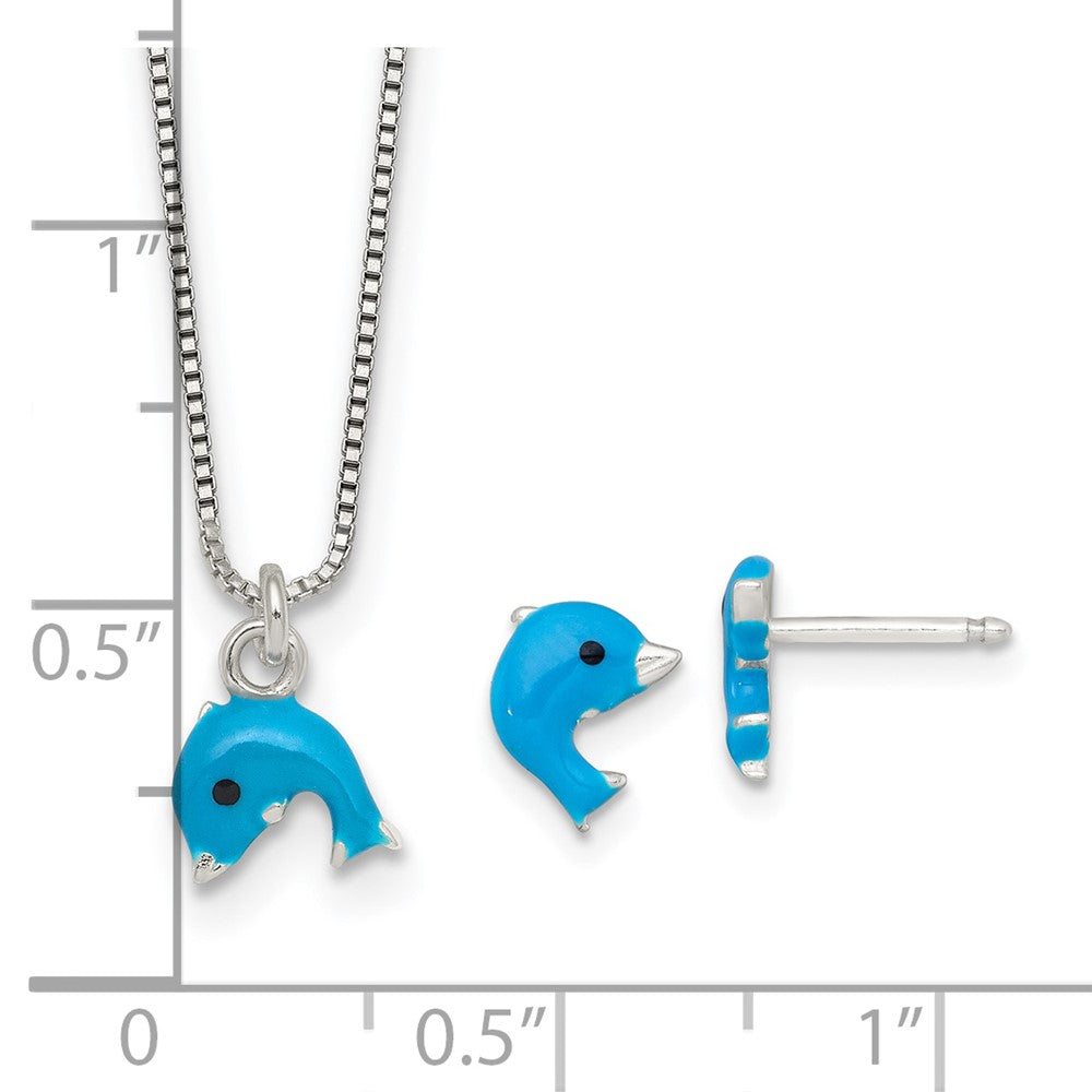 Sterling Silver Polished Enameled Dolphin Children's Post Earrings and Necklace Set