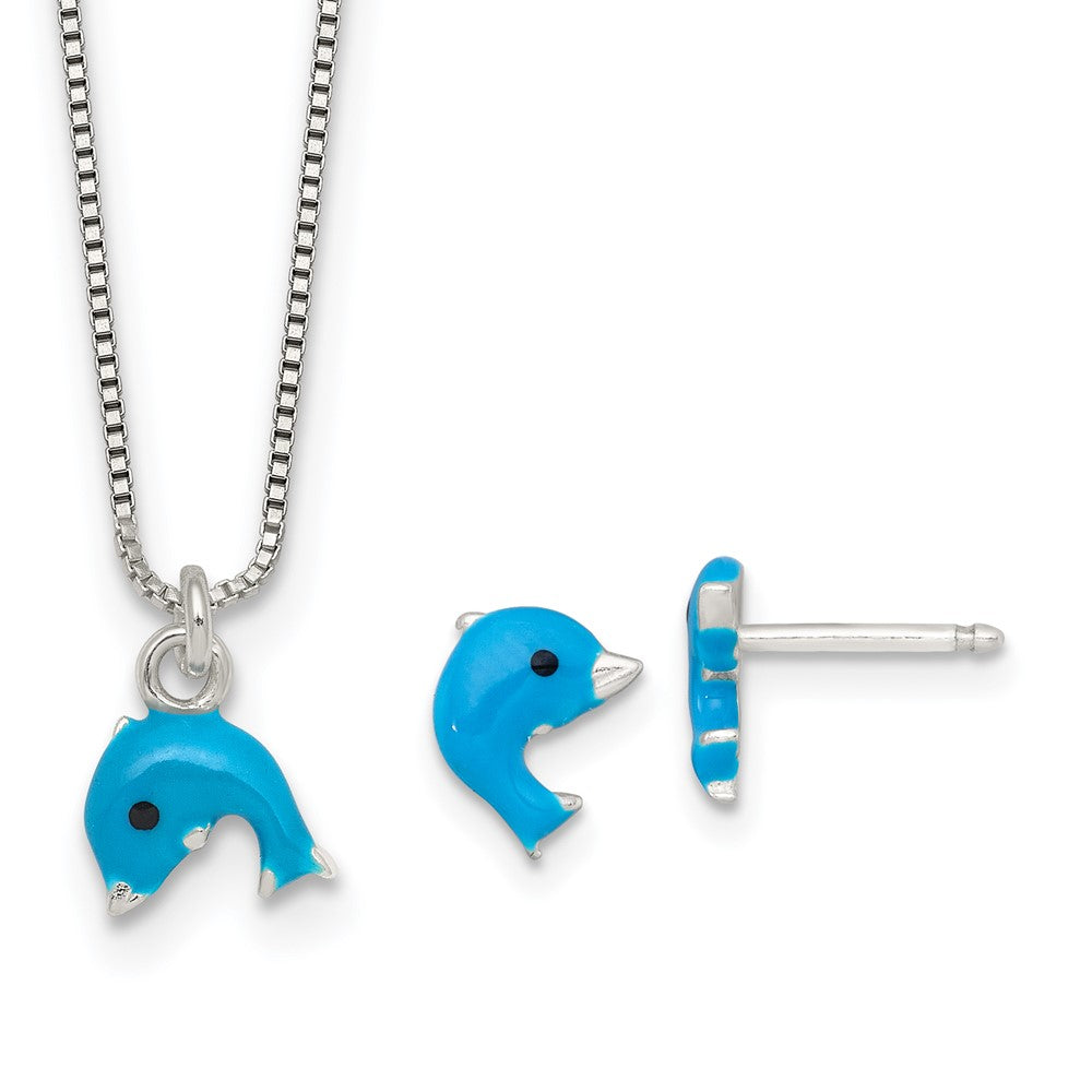 Sterling Silver Polished Enameled Dolphin Children's Post Earrings and Necklace Set
