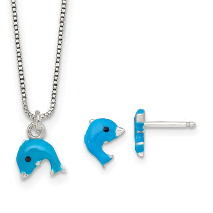 Sterling Silver Polished Enameled Dolphin Children's Post Earrings and Necklace Set