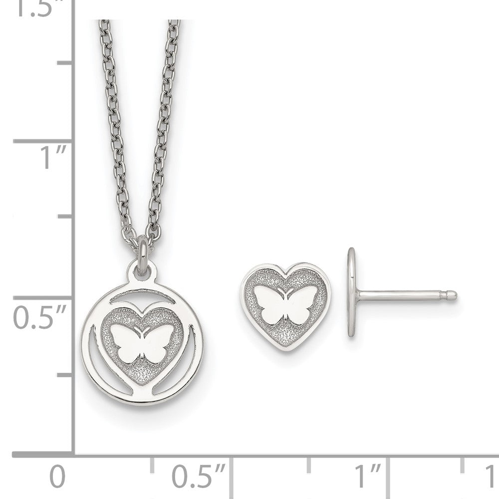 Sterling Silver Butterfly Heart Children's Post Earring and Necklace Set