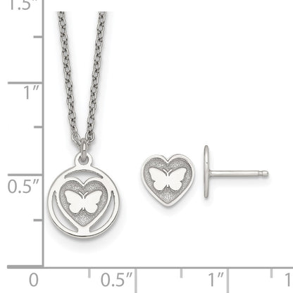 Sterling Silver Butterfly Heart Children's Post Earring and Necklace Set